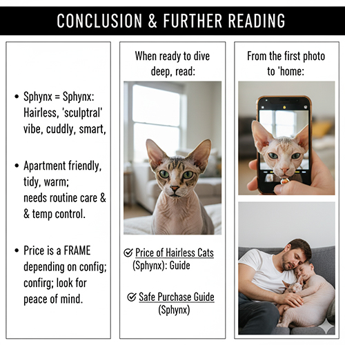 Ba hình mèo Sphynx minh họa kết luận: đặc điểm giống, gợi ý đọc tiếp và hành trình từ ảnh đến sống chung