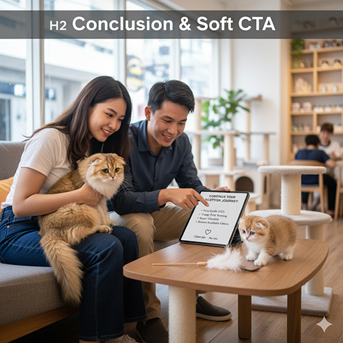 Cặp đôi vui vẻ trong quán cà phê đang xem thông tin về mèo tai cụp trên máy tính bảng cùng hai chú mèo Munchkin Fold đáng yêu