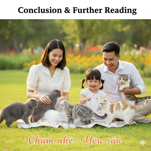 Gia đình hạnh phúc chơi đùa cùng nhiều bé mèo tai cụp trong công viên, minh họa phần kết luận bài viết về mèo tai cụp lai với thông điệp “Chạm nhẹ – Yêu sâu”.