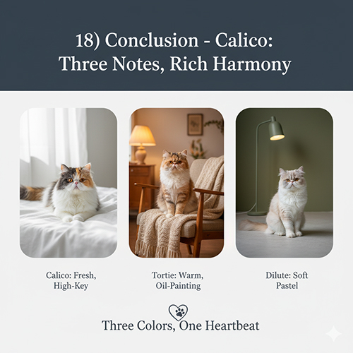 Ba kiểu mèo Ba Tư tam thể calico, tortie và dilute trong ba bối cảnh ánh sáng khác nhau