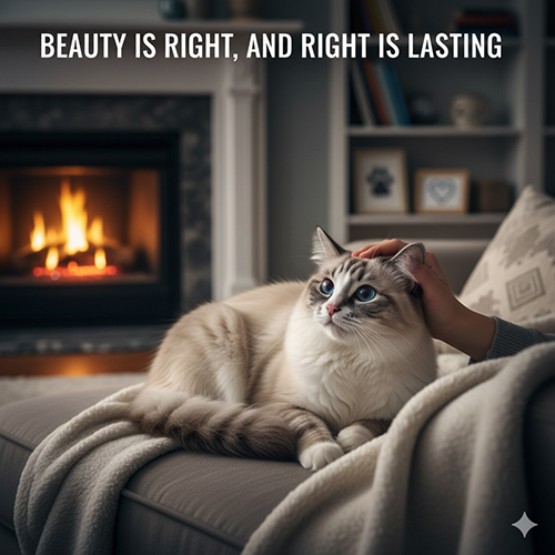 Mèo Ragdoll nằm trên ghế sofa cạnh lò sưởi, được vuốt ve nhẹ nhàng trong không gian ấm áp