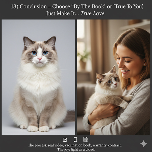 Hai hình minh họa: một mèo Ragdoll chuẩn và một khoảnh khắc ôm mèo, nhấn mạnh tinh thần “đúng chuẩn hay đúng mình, miễn là đúng yêu”.