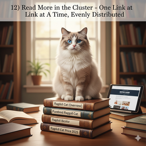 Mèo Ragdoll sáng màu ngồi trên chồng sách trong thư viện nhỏ, tượng trưng cho kết luận về pattern và vibe khi chọn mèo trắng.