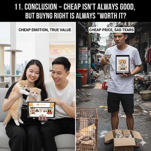 So sánh hai cảnh: cặp đôi ôm mèo Munchkin hạnh phúc tại trại uy tín với bảo hành, đối lập người mua ngoài chợ cầm khung ảnh quảng cáo trong khi mèo ốm nằm trong thùng carton.