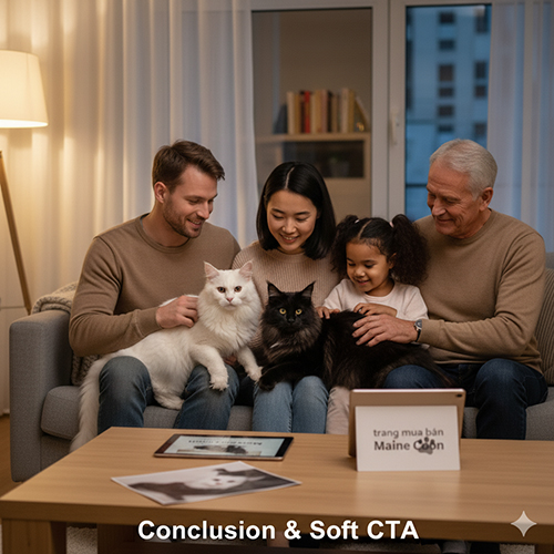 Gia đình đang vuốt ve mèo Maine Coon trắng và đen trong phòng khách ấm cúng, trên bàn có bảng trang mua bán