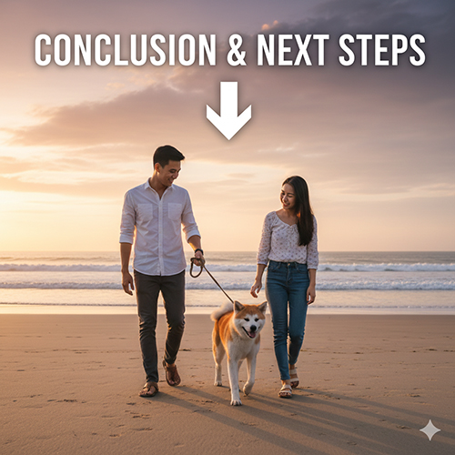 Kết luận và gợi ý bước tiếp theo khi tìm hiểu giá chó Akita Inu với hình đôi bạn trẻ dắt Akita trên bãi biển