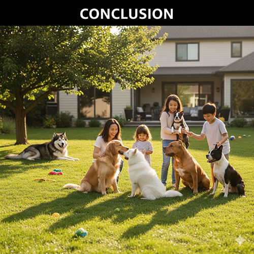 Kết luận về chó Mỹ – hình ảnh gia đình Việt vui đùa cùng các giống chó Mỹ như Golden Retriever, Pitbull, Boston Terrier, Samoyed và Husky trong sân vườn.