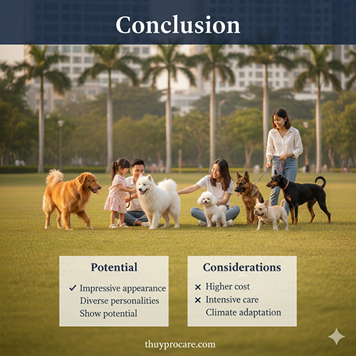 Hai cô gái cùng nhóm chó ngoại như Golden, Samoyed, Poodle, Becgie và Doberman đi dạo trong công viên cùng trẻ nhỏ dưới hàng cây cọ.