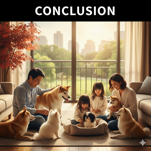 Gia đình hạnh phúc bên những chú chó Nhật Bản như Shiba, Akita và chó Nhật xù trong phòng khách sáng ấm áp