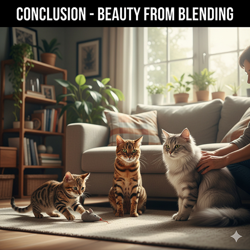 Ba chú mèo Bengal lai với các kiểu lông và màu sắc khác nhau đang chơi trong phòng khách ấm cúng, biểu trưng cho vẻ đẹp từ sự hòa trộn.