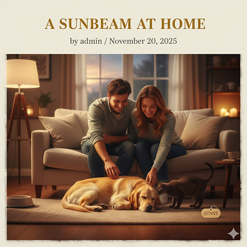 Đôi vợ chồng trẻ vuốt ve chú chó Golden Retriever vàng đang nằm ngủ trong phòng khách ấm áp buổi tối