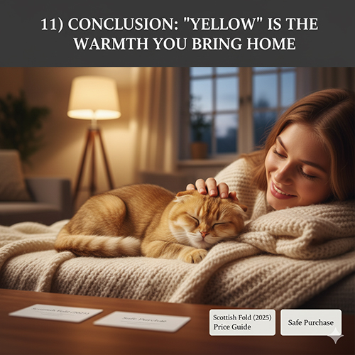 Mèo Scottish Fold màu vàng ngủ trên chăn, chủ vuốt ve trong phòng ấm; gợi tả cảm giác “ấm áp” khi nuôi mèo vàng.