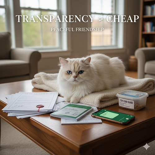 Mèo Ba Tư nằm trên bàn cạnh hợp đồng, sổ tiêm và hướng dẫn 72 giờ, truyền tải thông điệp “minh bạch hơn rẻ”.