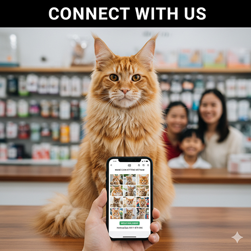 Mèo Maine Coon ngồi trên quầy, phía trước là điện thoại hiển thị danh sách mèo con Maine Coon.