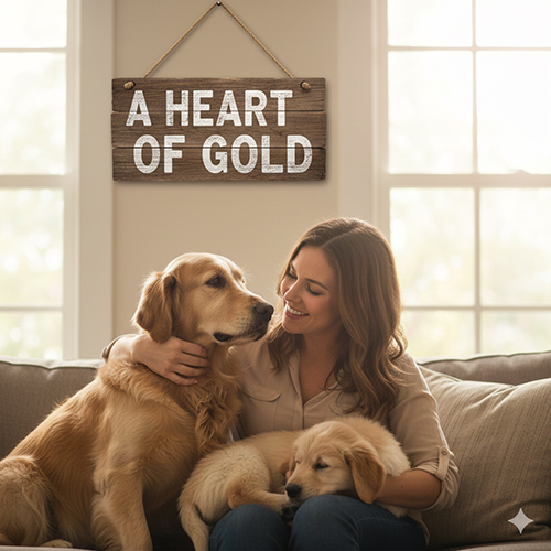 Người phụ nữ ôm chó Golden trưởng thành và chó con trên sofa — hình minh họa thông điệp “trái tim vàng” của Golden Retriever