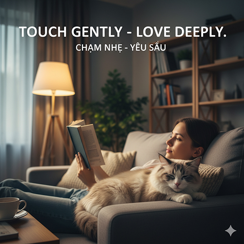 Người phụ nữ đọc sách thư giãn trên sofa với mèo Ragdoll nằm cạnh, tạo cảm giác bình yên và gắn kết.