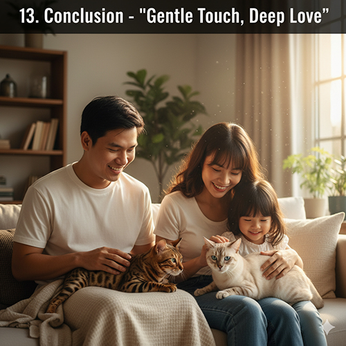 Gia đình hạnh phúc ngồi trên sofa cùng hai chú mèo Bengal trong ánh nắng chiều ấm áp.