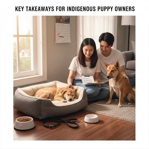 Gia đình trẻ chăm sóc chó cỏ con trong nhà với ổ nằm, bát ăn và không gian sinh hoạt gọn gàng