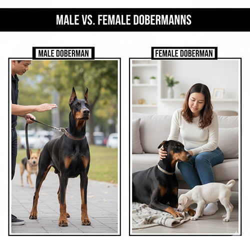 So sánh Doberman đực và Doberman cái trong sinh hoạt: chó đực đi dạo ngoài trời, chó cái nằm cạnh chủ trong nhà