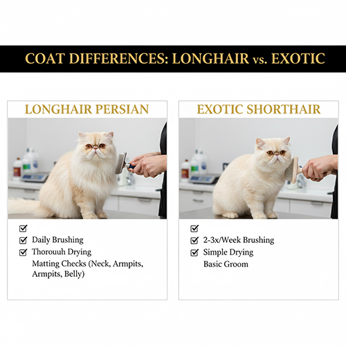 so sánh mèo Ba Tư longhair và Exotic shorthair với bảng khác biệt grooming