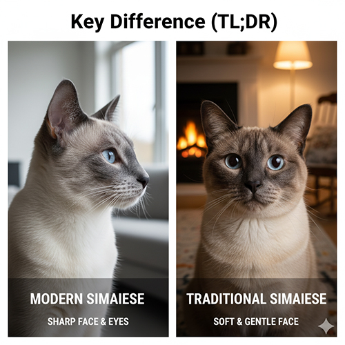 So sánh khuôn mặt, thân hình và tính cách giữa mèo Xiêm hiện đại và mèo Xiêm truyền thống