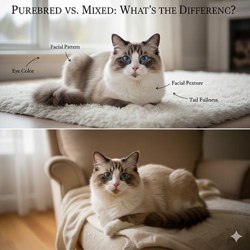 Ảnh so sánh mèo Ragdoll thuần và mèo Ragdoll lai, thể hiện sự khác biệt về mắt, pattern, texture lông và độ phồng đuôi