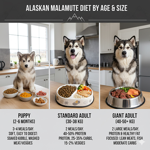Khẩu phần ăn cho chó Alaska theo size và độ tuổi, từ puppy đến adult Standard và Giant