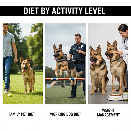 Chó Becgie Đức với các mức vận động khác nhau và khẩu phần ăn tương ứng từ thú cưng gia đình đến chó làm việc