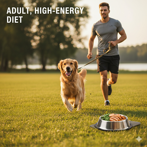 Chó Golden trưởng thành đang chạy cùng chủ và phía trước là bát thức ăn giàu năng lượng dành cho chó hoạt động nhiều
