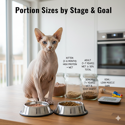 Mèo Sphynx ngồi giữa hai bát thức ăn, minh họa khẩu phần theo từng giai đoạn tuổi và mục tiêu dinh dưỡng.
