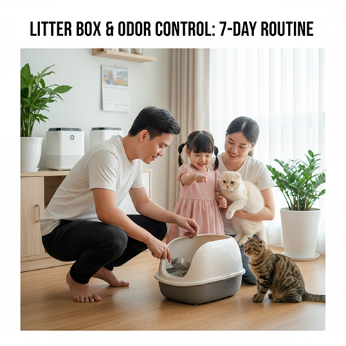 Gia đình hướng dẫn bé nhỏ xúc khay cát cho mèo, duy trì thói quen vệ sinh và kiểm soát mùi trong không gian sạch sẽ, sáng sủa.