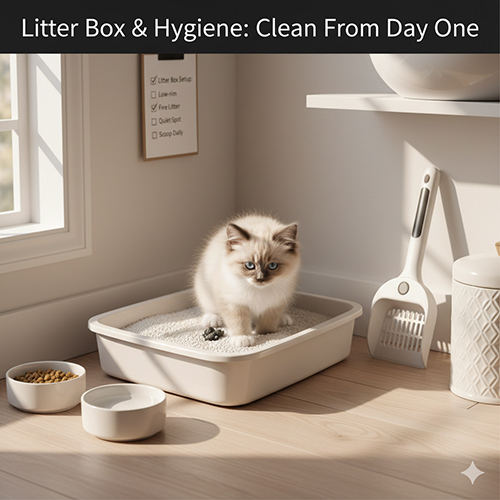 Mèo Ragdoll con đứng trong khay cát, minh họa hướng dẫn thiết lập khay vệ sinh từ ngày đầu