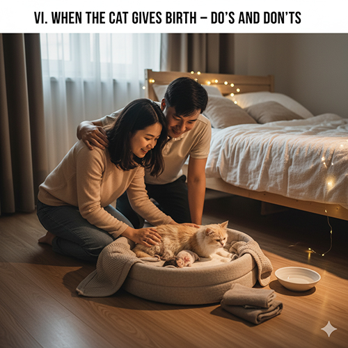 Cặp đôi quan sát mèo mẹ Munchkin đang nằm với mèo con trong ổ đẻ ấm, minh họa việc nên và không nên làm khi mèo sinh.