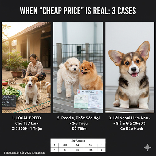 Hình minh họa ba trường hợp giá chó con rẻ nhưng hợp lý tại Việt Nam