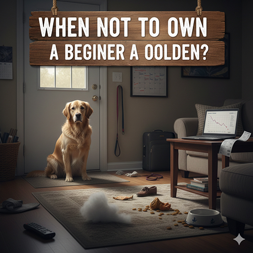 Chó Golden Retriever ngồi giữa phòng bừa bộn, minh họa tình huống không phù hợp để nuôi Golden