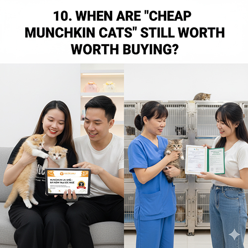 Hai cảnh tại trại uy tín: cặp đôi bế mèo Munchkin nhận bảo hành, và bác sĩ thú y cùng nhân viên giao sổ tiêm bảo hành cho khách; minh họa trường hợp “giá rẻ” vẫn đáng mua.
