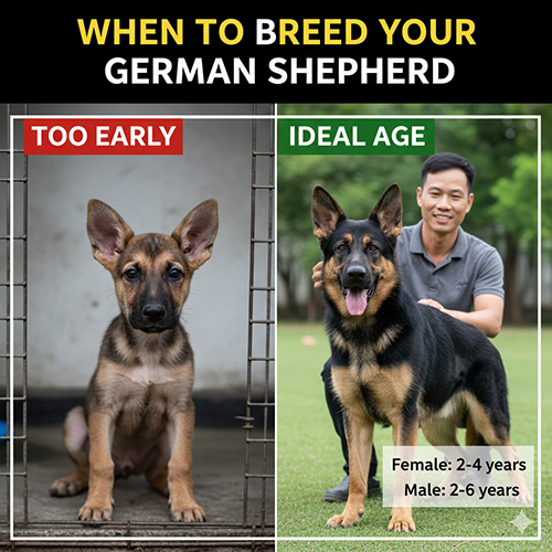 Ảnh minh họa độ tuổi phù hợp để phối giống chó Becgie Đức, so sánh giai đoạn quá sớm và độ tuổi lý tưởng cho sinh sản khỏe mạnh.