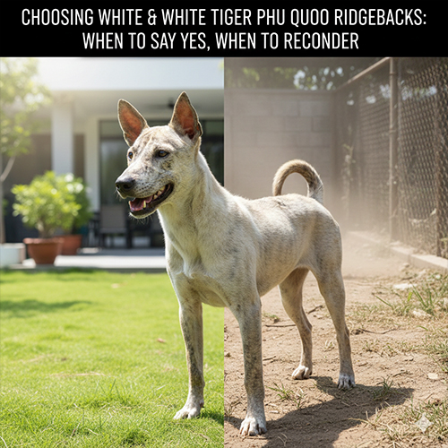 Chó Phú Quốc trắng bạch hổ đứng trong sân vườn và môi trường nuôi nhốt, so sánh điều kiện nuôi khác nhau