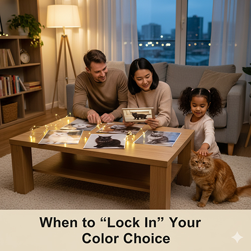 Gia đình đang chọn ảnh mèo với nhiều màu lông khác nhau trên bàn để quyết định màu trước khi nhận mèo