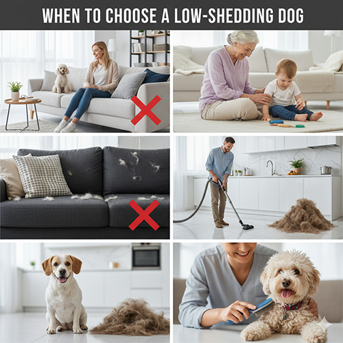 Ảnh infographic gợi ý khi nào nên chọn chó ít rụng lông: nhà chung cư, sofa dính lông, hút bụi nhiều và chải lông định kỳ