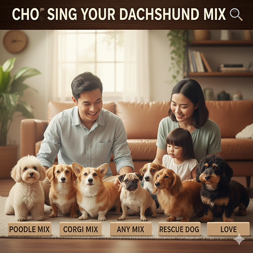 Gia đình bên nhiều bé chó Lạp xưởng lai như Poodle mix, Corgi mix, Pug mix và rescue dog, minh họa cách chọn dòng lai phù hợp