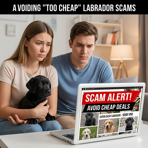 Cặp đôi trẻ ngồi trước laptop, nét mặt lo lắng khi thấy cảnh báo SCAM về tin rao “Labrador 500k”