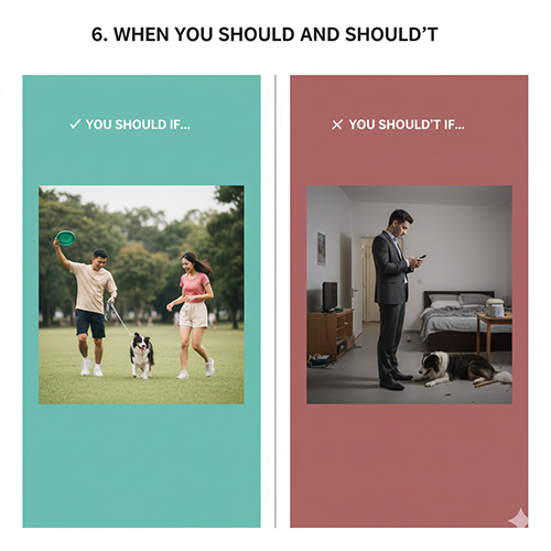 Hai hình đối lập: một gia đình đưa Border Collie đi chơi và một người bận rộn để chó nằm một mình trong phòng