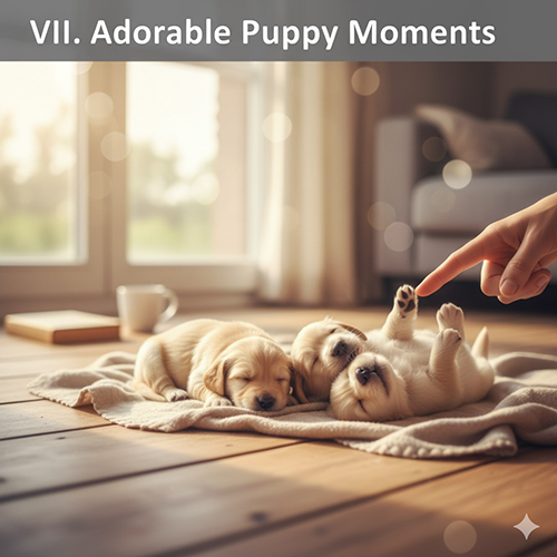 Ba chú chó con Golden Retriever nằm ngủ trên sàn gỗ, một bé giơ chân lên được vuốt ve – minh họa khoảnh khắc đáng yêu và hành vi tự nhiên của chó con.