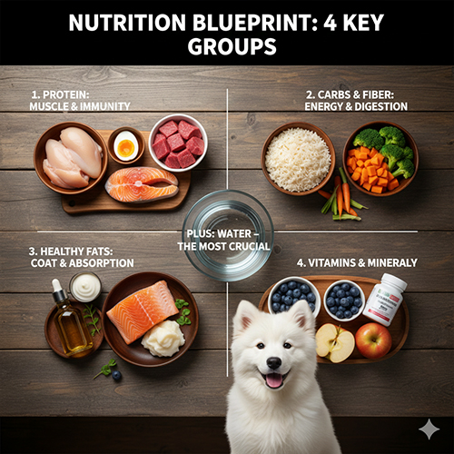 Sơ đồ khung dinh dưỡng cho chó Samoyed gồm protein tinh bột chất béo vitamin khoáng và nước uống