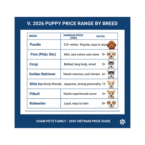 Khung giá chó con theo từng giống phổ biến tại Việt Nam