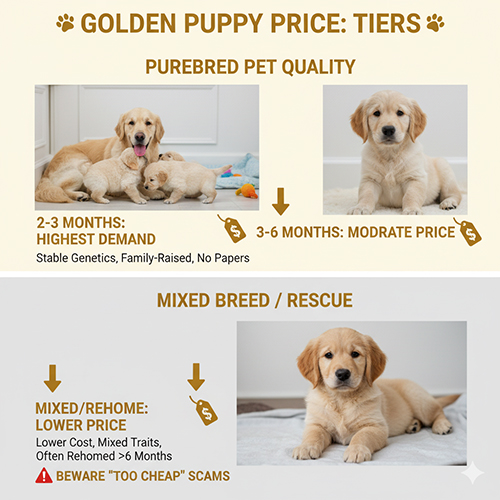 Infographic khung giá chó Golden con theo phân khúc, so sánh Golden thuần pet gia đình 2–3 tháng, 3–6 tháng với Golden lai hoặc cứu hộ có giá mềm hơn