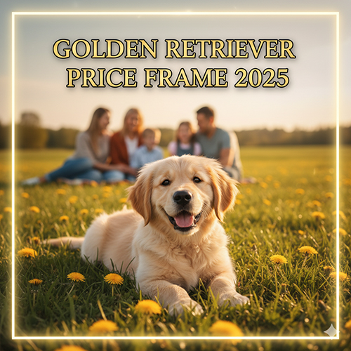 Chó Golden Retriever con nằm trên bãi cỏ, phía sau là gia đình mờ nền, minh họa khung giá chó Golden 2025 cho người mới.
