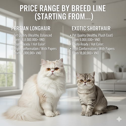 Khung giá mèo Ba Tư theo dòng Longhair và Exotic Shorthair – mức giá cận dưới