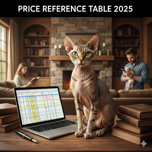 Ảnh mèo Không lông Sphynx bên laptop hiển thị bảng giá – minh họa bài viết khung giá tham khảo cận dưới 2025